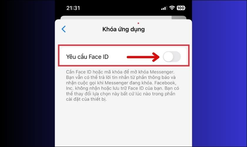 bật yêu cầu FaceID để cài mật khẩu messenger 