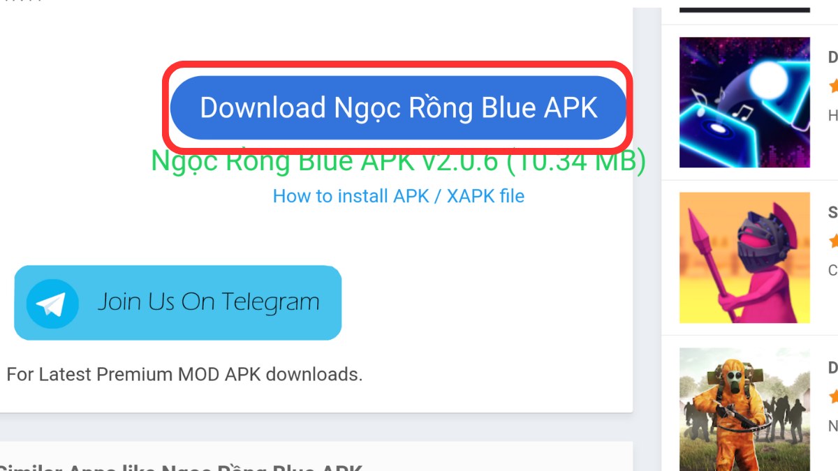 Nhấn vào mục “Download Ngọc Rồng Blue APK