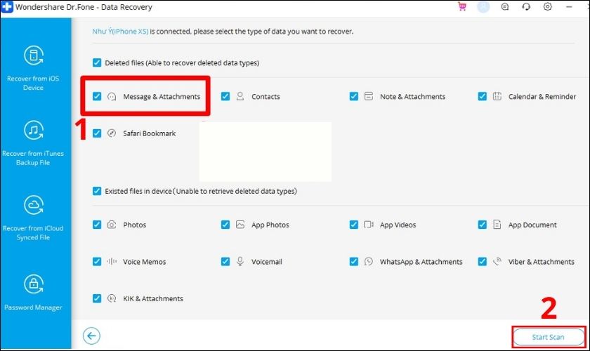 Tick chọn ô Messages & Attachments và nhấn chọn Start Scan