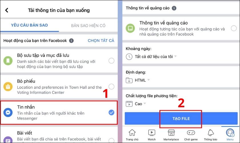 Chọn mục Tin nhắn và nhấn Tạo File