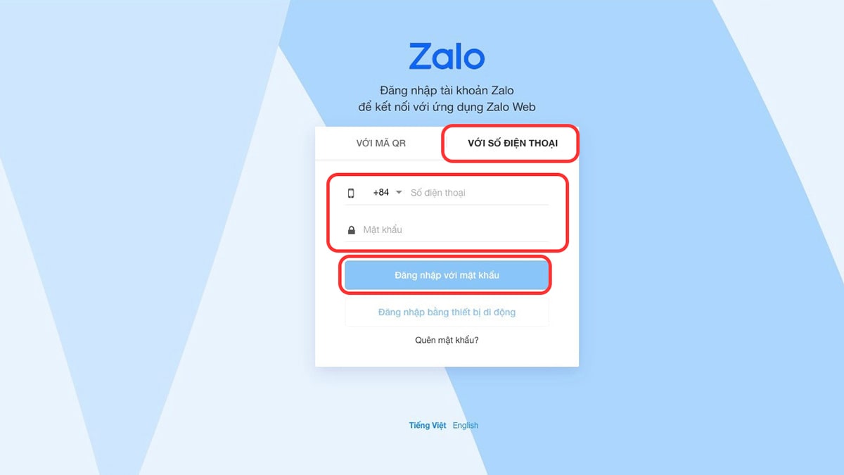 Dùng số điện thoại và mật khẩu để đăng nhập Chat Zalo me 